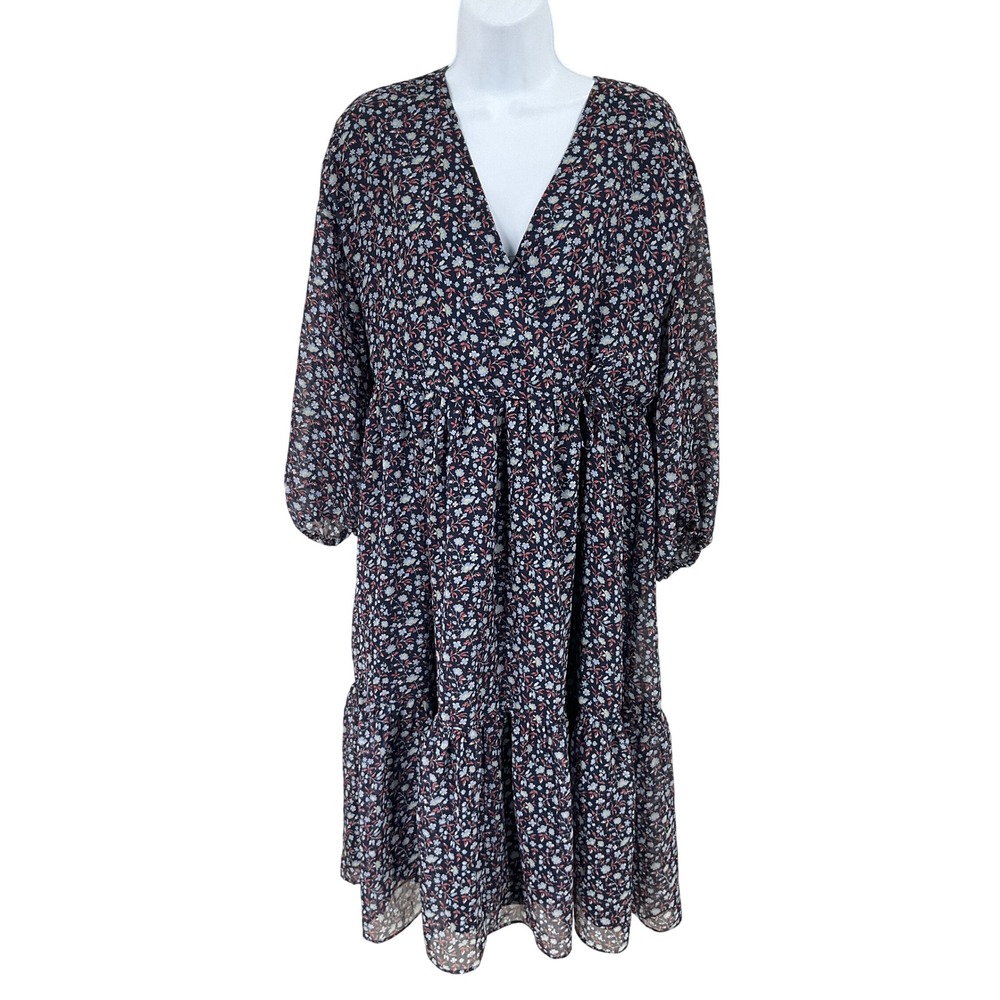 Madewell Floral Midi Dress Womens S Navy Tiered V-Neck Boho Cottagecore Flowy